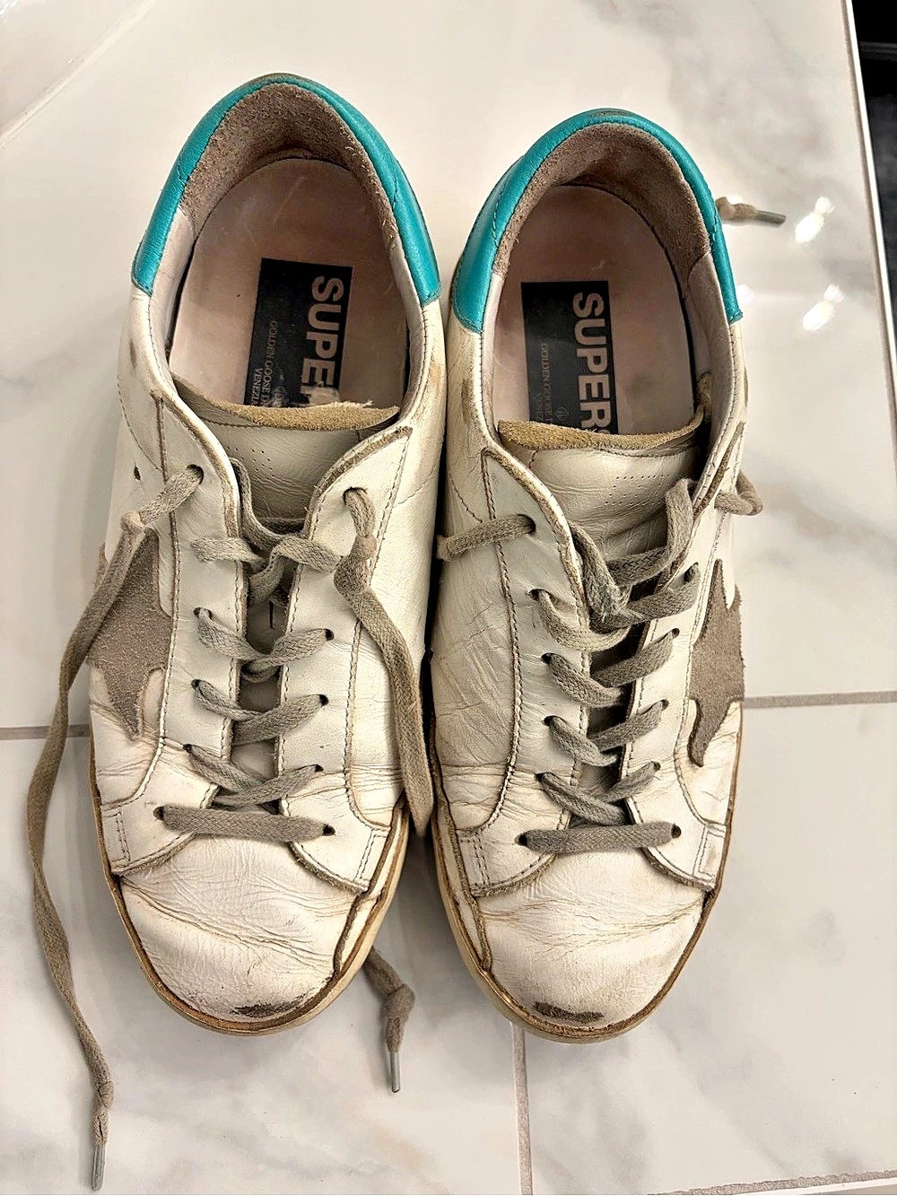 Golden Goose Super-Star Distressed Sneakers in White & Blue size 37 (size 7)